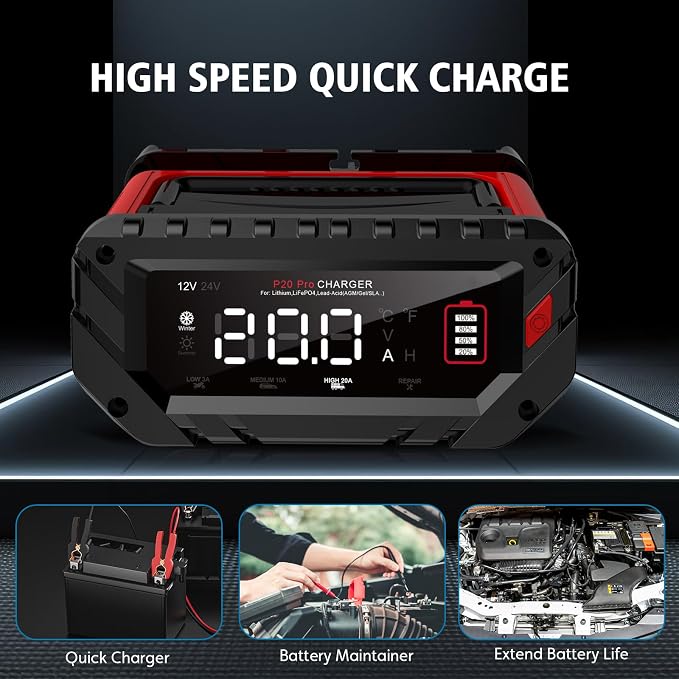20-Amp Car Battery Charger, 12V/24V Smart Automotive Charger, Battery Maintainer - Image 9