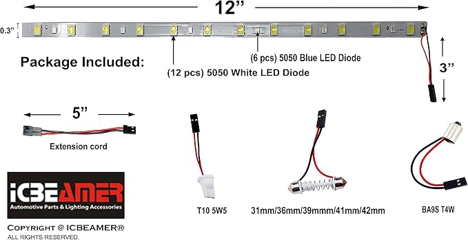 ICBEAMER 12" Color Changing from Blue to White 18 SMDs 5050 LED Light Strip - Image 3