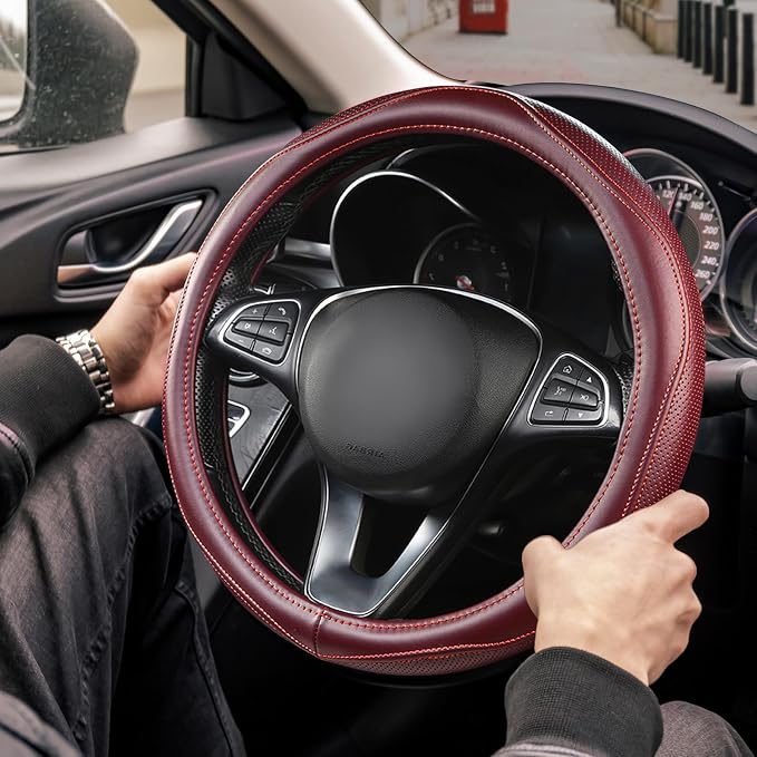 High-Grade Wine Red Genuine Leather Steering Wheel Cover - Image 2