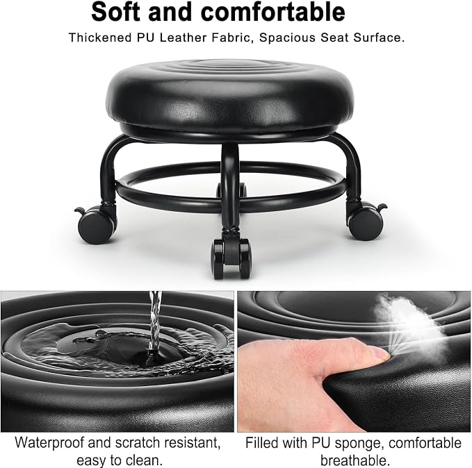 Low Height Rolling Stool Low Roller Stool PU Leather Comfortable Chair - Image 4