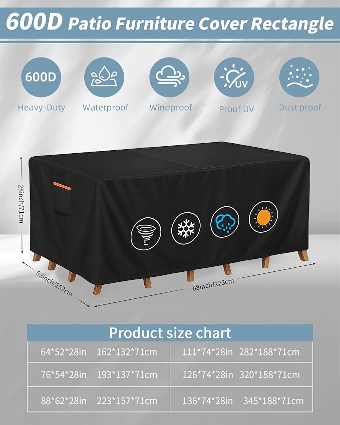 Outdoor Waterproof Furniture Cover, 88W x 62L x 28H inches Heavy Duty 600D - Image 3