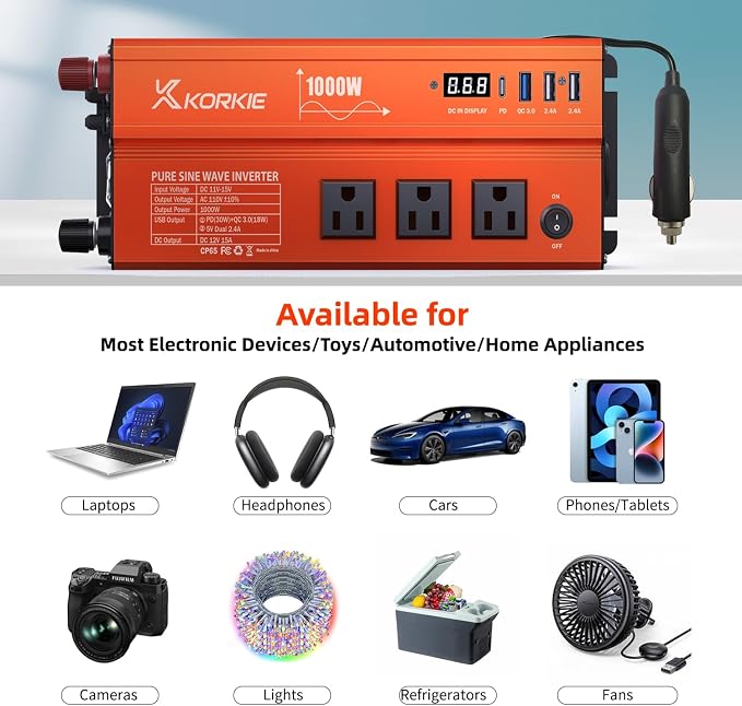1000W Pure Sine Wave Inverter, Car Power Inverter, 12V DC to 110V AC Power - Image 4