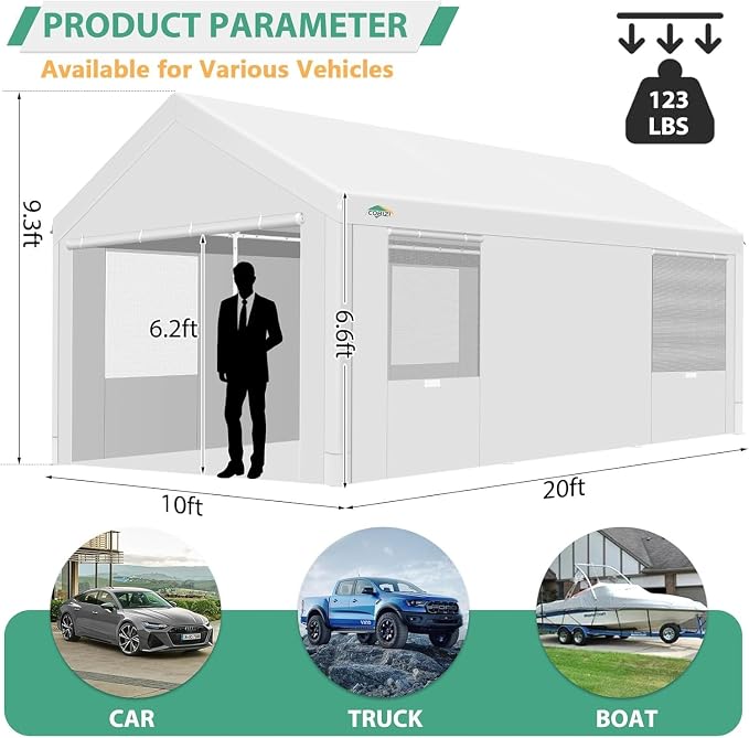 COBIZI Carport 10x20ft Heavy Duty Portable Garage, 2.0 Powder Coated Frame - Image 3