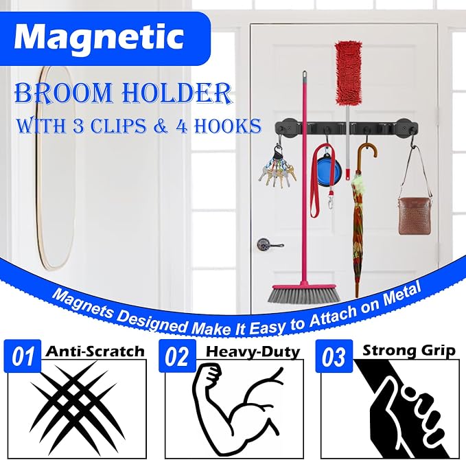 Strong Magnetic Mop Broom Holder, 1 Set Heavy Duty Magnetic Mop Hanger - Image 3