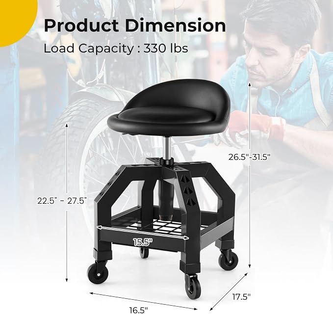 S AFSTAR Shop Stool with Wheels, Height Adjustable Garage Stool with 4 - Image 3