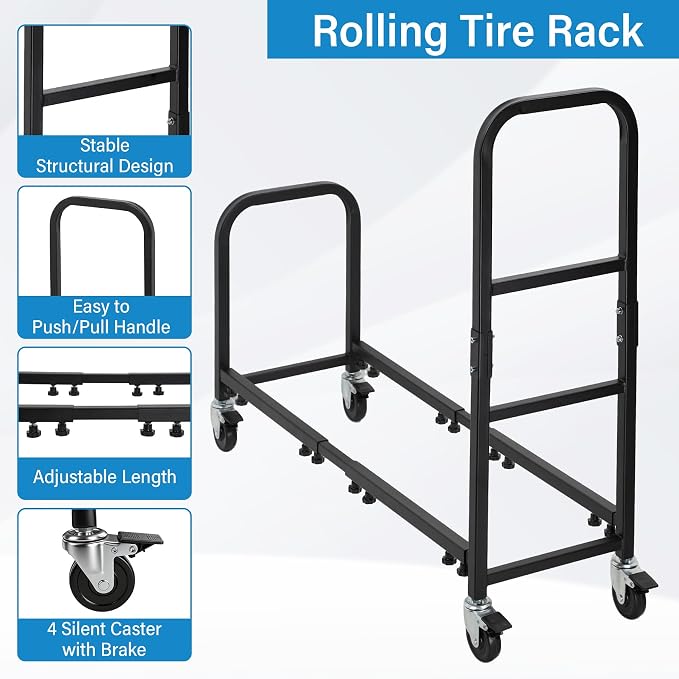 Rolling Tire Rack 43.5" x 13" x 37.4", 2 in 1 Metal Garage Tire Storage Rack - Image 4
