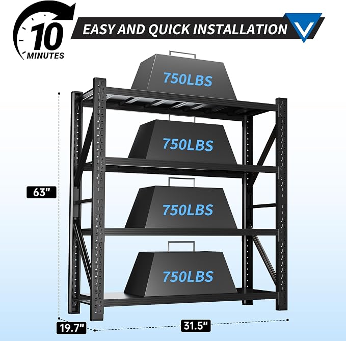 3000LBS Garage Shelving 32" W Garage Shelving Heavy Duty 4-Tier Metal Storage - Image 3
