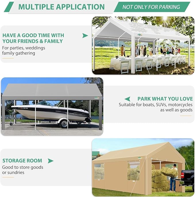 COBIZI Carport 10x20ft Heavy Duty Portable Garage, 2.0 Powder Coated Frame - Image 7