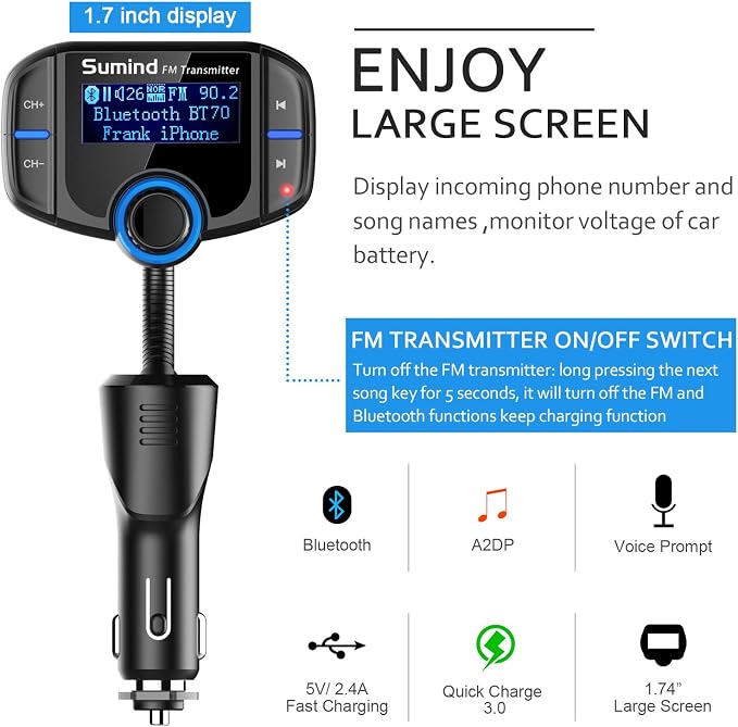 Bluetooth FM Transmitter, Sumind Wireless Radio Adapter Hands-Free Car Kit - Image 3