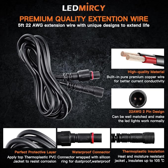 LED Rock Lights Extension Cable Wire Cord 2Pin Waterproof 4PCS 5ft 22AWG - Image 4