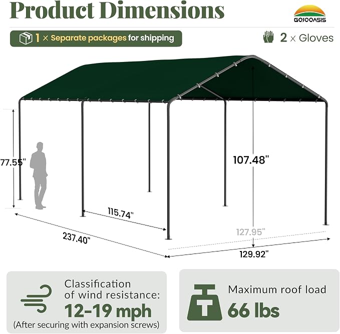GOJOOASIS 10x20 Carport Heavy Duty Portable Garage Shelter Metal Car Canopy Tent - Image 6