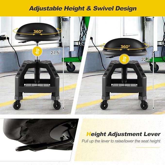 Goplus Rolling Garage Stool, 22.5”-27.5” Adjustable Mechanic Chair - Image 5