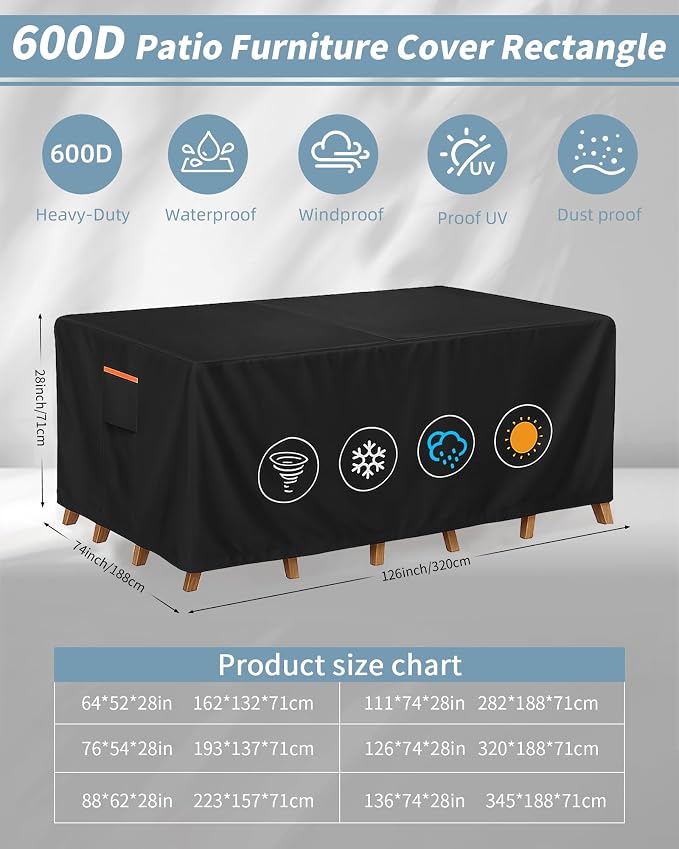 Outdoor Waterproof Furniture Cover, 126W x 74L x 28H inches Heavy Duty 600D - Image 3