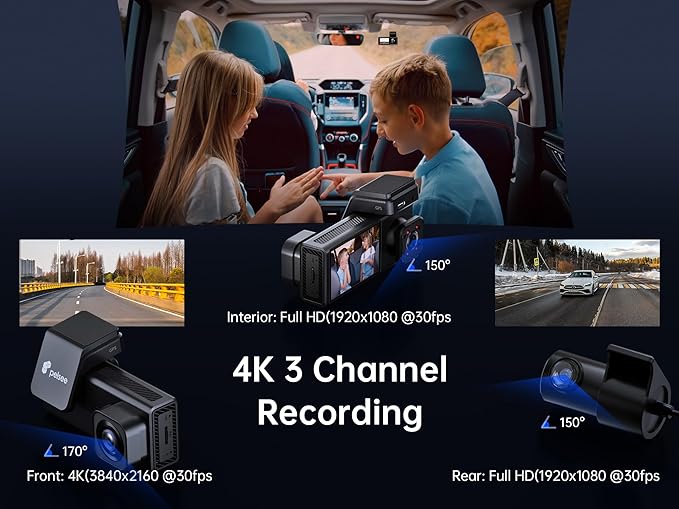 Pelsee 4K 3 Channel Dash Cam Front and Rear Inside, Dash Camera - Image 2