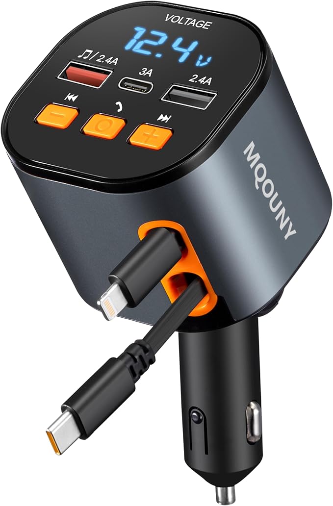Retractable Car Charger, 5 in 1 Fast Car Phone Charger 90W, Handsfree Call by MQOUNY
