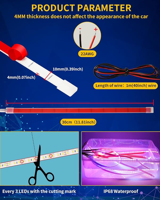 Amber Led Strip Light, 12V Car Led Lights Interior IP68 Waterproof Cuttable - Image 5