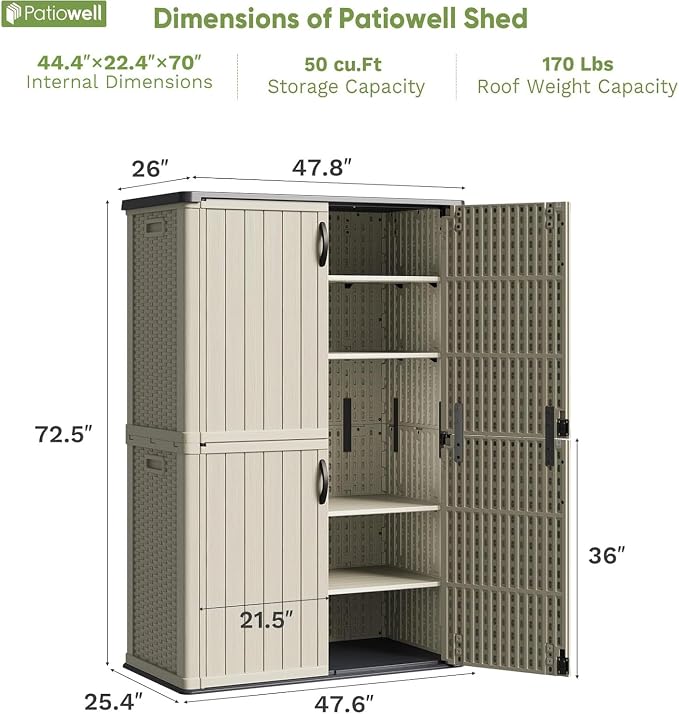 Patiowell 50 cu.ft Plastic Outdoor Storage Shed, Lockable Waterproof Resin - Image 4