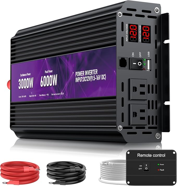 3000W Power Inverter, Peak Power 6000W 12V DC to AC 110V120V, Remote Control by HONOURLIGHT