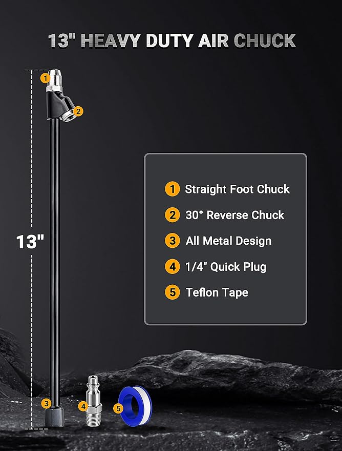 13'' Dual Head Air Chuck Set, Heavy Duty Extended Reach Tire Chuck w/Quick Plug - Image 2