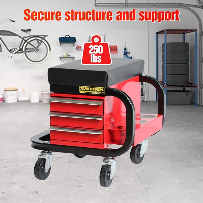 Tool Box Built-in Creeper Seat, Garage Shop Roller Seat, 3 Drawers Heavy Duty - Image 6
