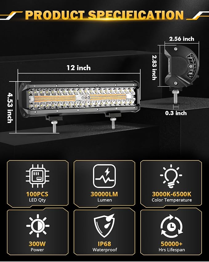 Auxbeam 12 Inch LED Light Bar, 6 Modes Strobe Amber Pod Lights Yellow Fog Light - Image 4