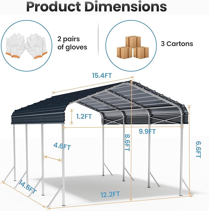 10x15ft Heavy Duty Metal Carport – Outdoor Galvanized Garage, Sturdy Structure - Image 8