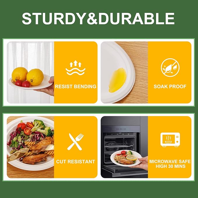 WELLIFE 100% Compostable Paper Plates 7 Inch, Biodegradable Bagasse, - Image 3