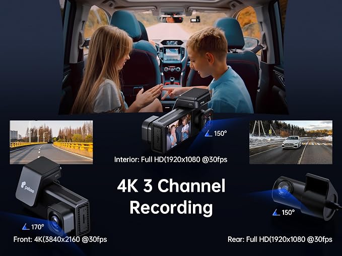 Pelsee P2 Trio 4K Dash Cam Front and Rear Inside WiFi, 64GB Card, - Image 2