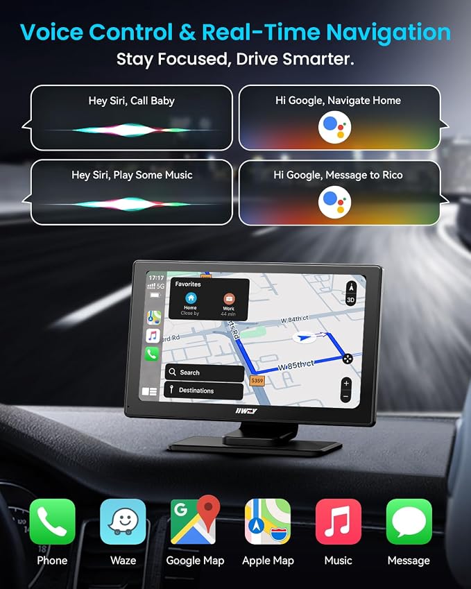 IK5 9" Wireless Apple CarPlay & Android Auto Screen, Portable Car Stereo - Image 3