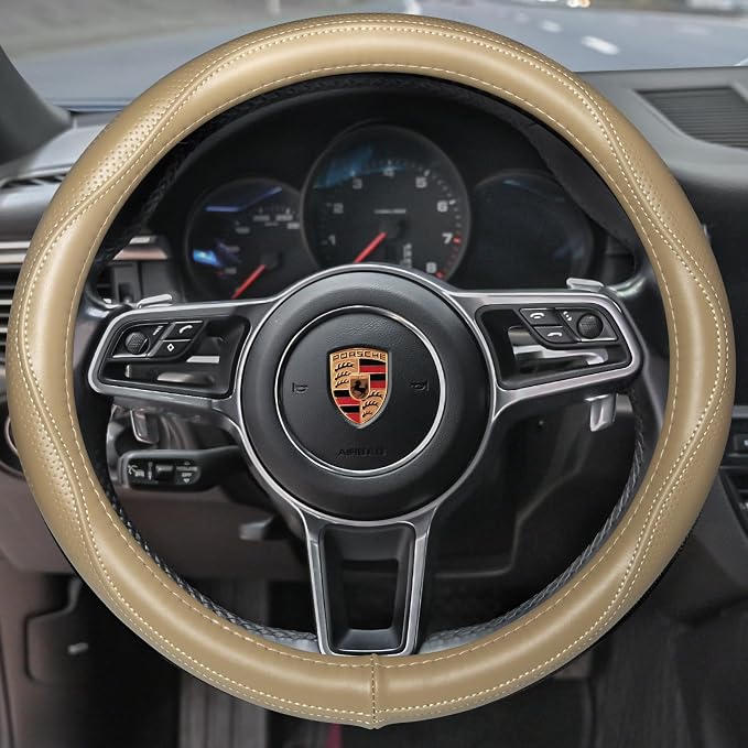 HAOKAY Top Grade Beige Genuine Leather Steering Wheel Cover Men Women, Luxury - Image 2