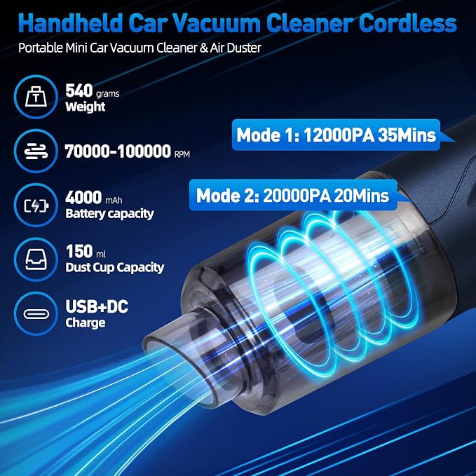 Handheld Car Vacuum Cleaner Cordless, High-Power Brushless 20000PA Mini Hand - Image 3