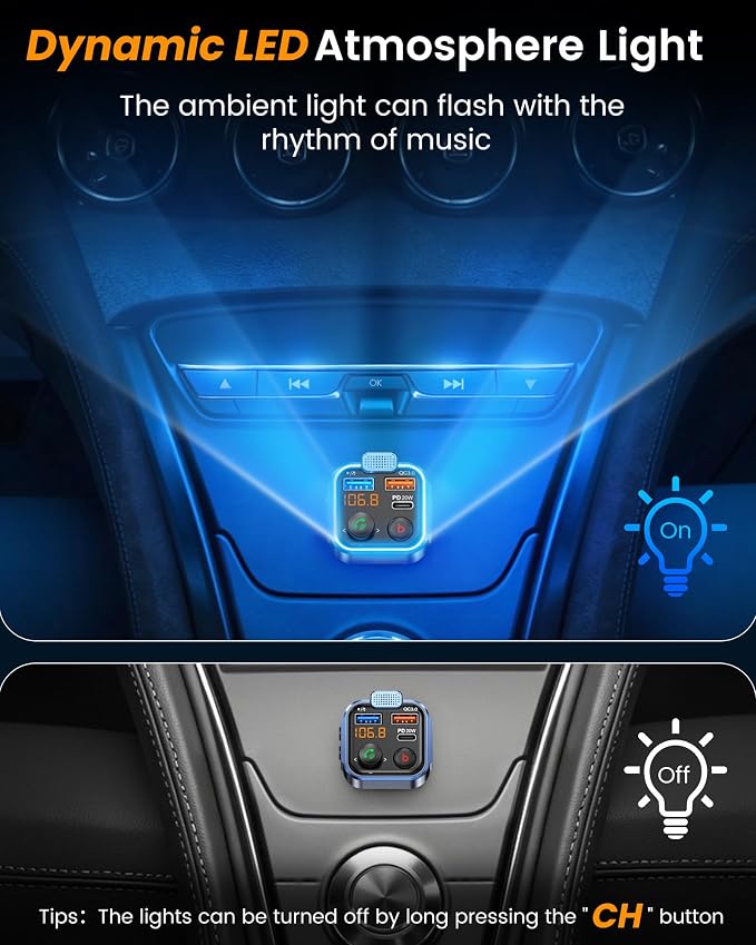 LENCENT FM Transmitter in-Car Adapter, Type-C PD 20W+ QC3.0 Fast USB Charger - Image 6