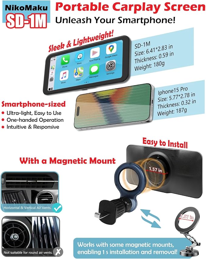 NikoMaku Wireless Carplay Screen, Portable Android Auto Car Stereo - Image 2
