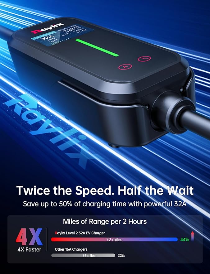 Raylix 32A Level 2 EV Charger, 240V 7.68kW Mobile Electric Car Charger - Image 6