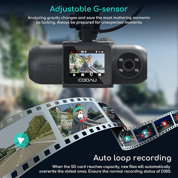 COOAU D30S 4K Dash Cam with GPS Wi-Fi, Front and Inside Dual 2.5K 1080P - Image 7