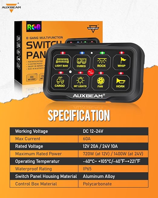 Auxbeam 8 Gang Switch Panel AR-820 Bluetooth RGB Switch Pod Automatic Dimmable - Image 6