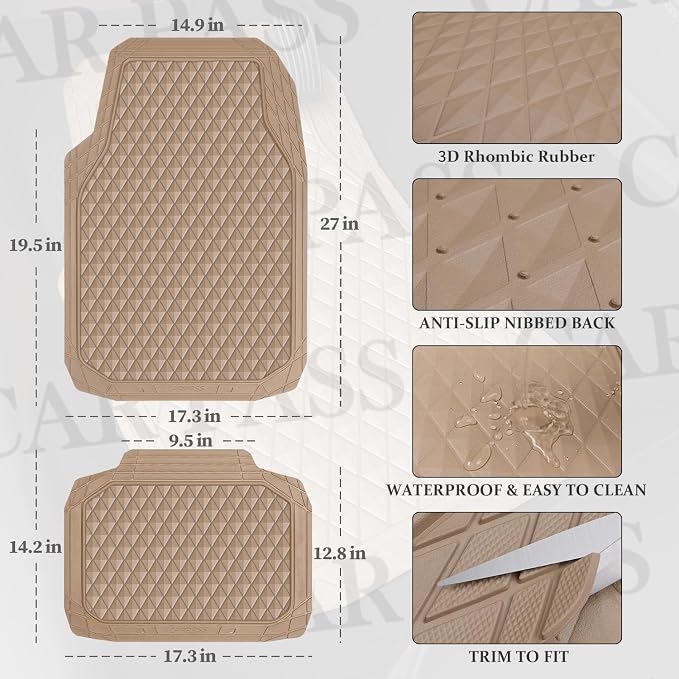 CAR PASS Beige Rubber Car Mats, All-Weather Floor Mats Full Set Durable - Image 5