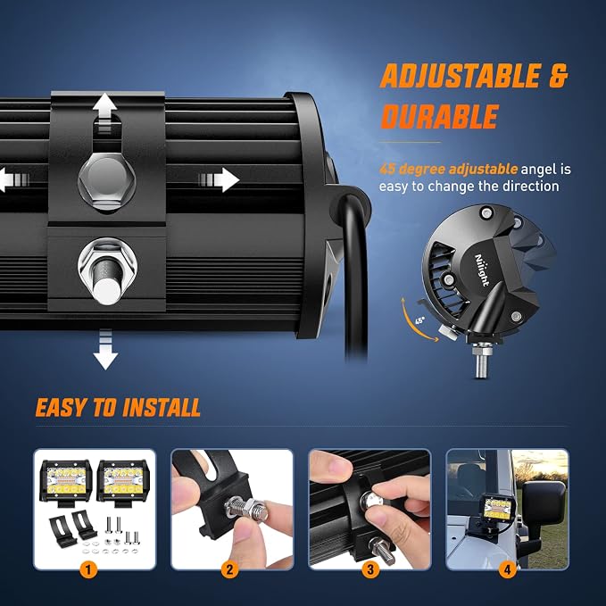 Nilight 2PCS 4Inch 60W LED Pods Spot Flood Amber White Light Bar Strobe 6 Modes - Image 9