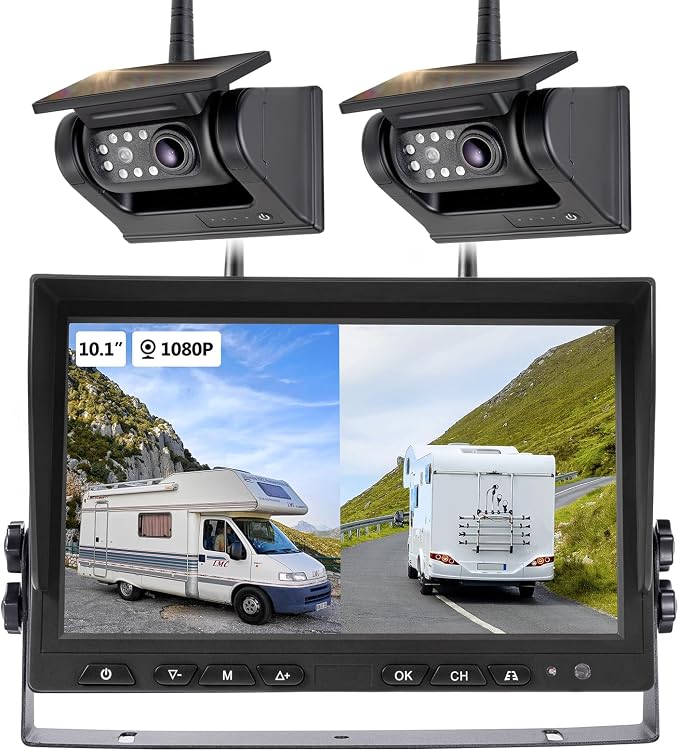10.1" - 2 Magnetic Solar Wireless Backup Camera, HD 1080P DVR Monitor, Dual RV by WOOCARTY