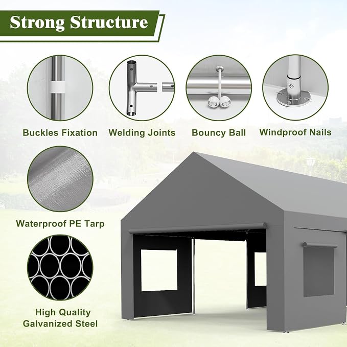 13x20 FT Heavy Duty Carport, Oversized Portable Garage - Image 3