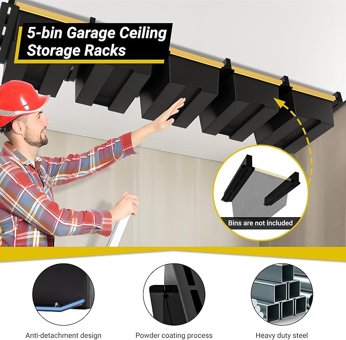 5-bin Overhead Garage Storage Rack, Heavy Duty Ceiling Storage Racks, Powder - Image 4