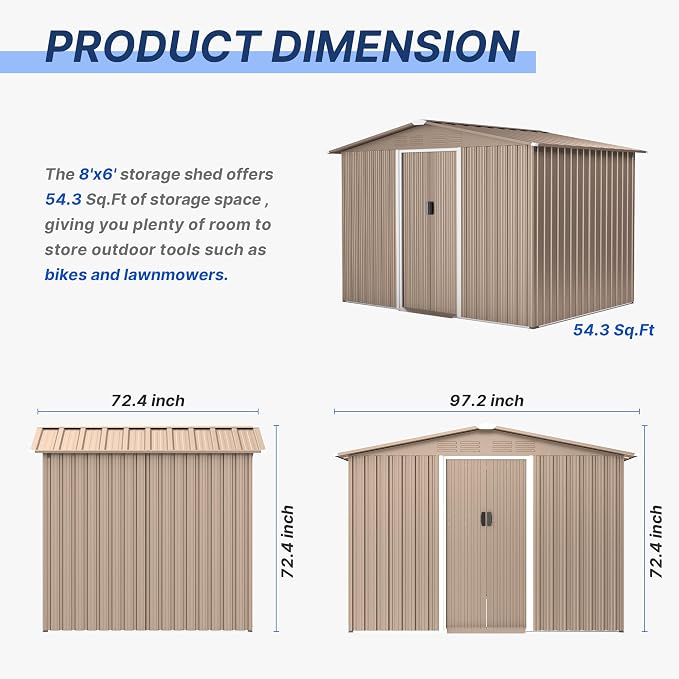 8FT x 6FT Metal Outdoor Storage Shed, Utility and Tool Shed Storage House - Image 3