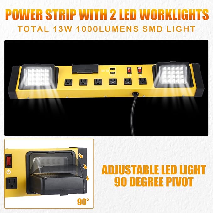 6 Outlets Power Strip with LED Worklight, Metal Heavy Duty Wall Mount Workbench - Image 4
