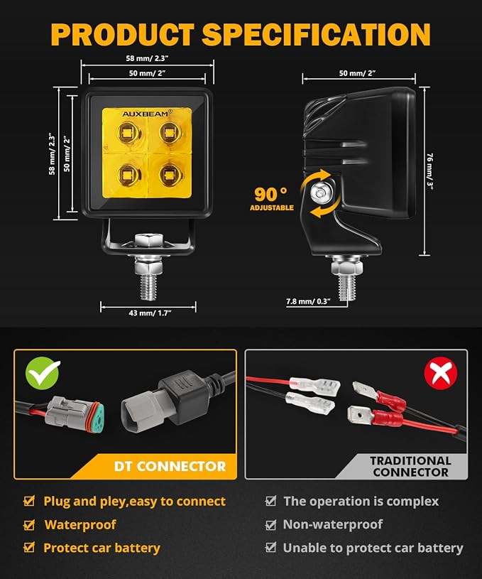 Auxbeam LED Pod Light, 2 Inch Amber Fog Light Offroad Cube Light Pods Focusing - Image 4