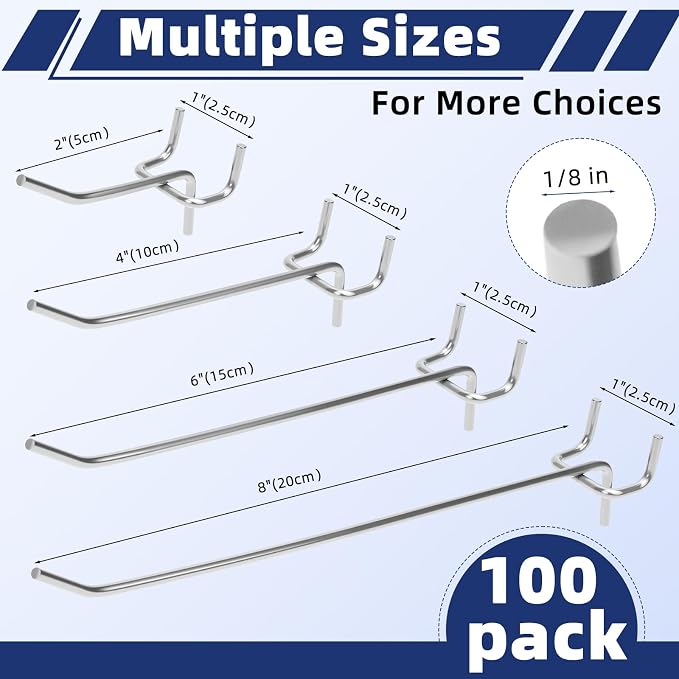 100 Pack Pegboard Hooks Heavy Duty 4 6 8 Inch Pegboard Hooks 1/8 Stainless - Image 2
