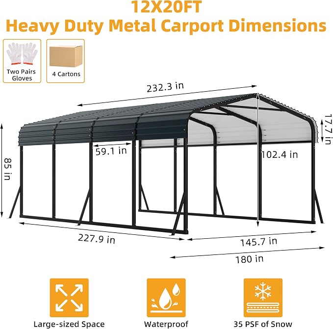 12 x 20 FT Metal Carport with Galvanized Steel Roof, Heavy Duty Metal Roof - Image 2