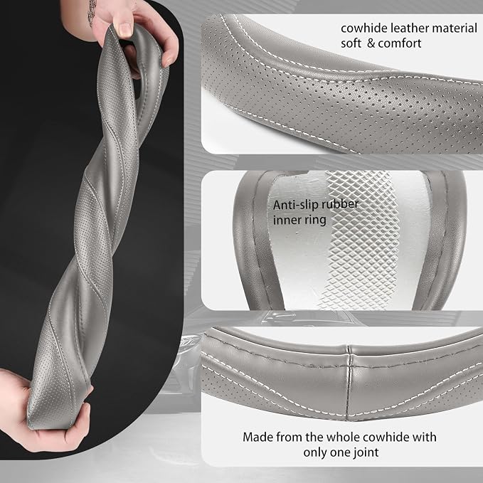 High-Grade Gray Genuine Leather Steering Wheel Cover - Image 5