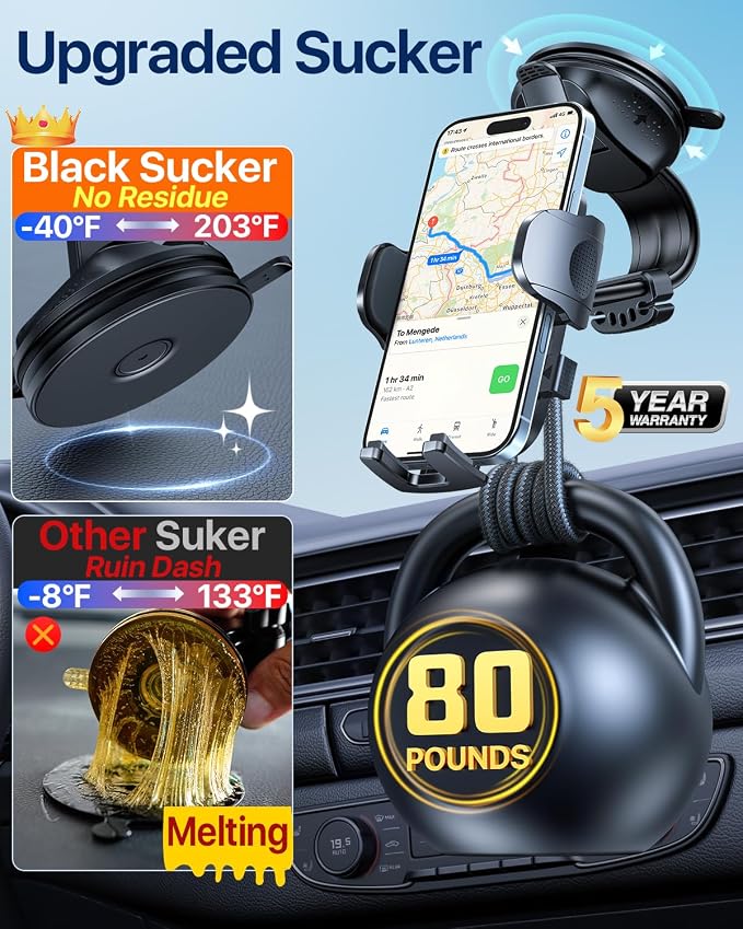 HTU Upgraded Strongest Suction Car Phone Holder Bendable Arm, Never Block View - Image 2