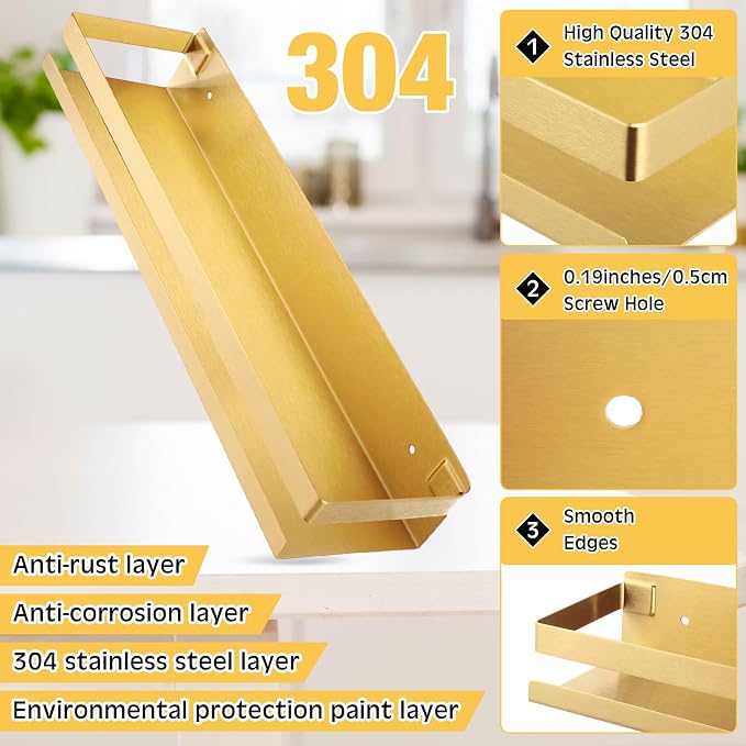 Lallisa 2 Pieces Stainless Steel Shelf Bathroom Shower Floating Shelves Wall - Image 3