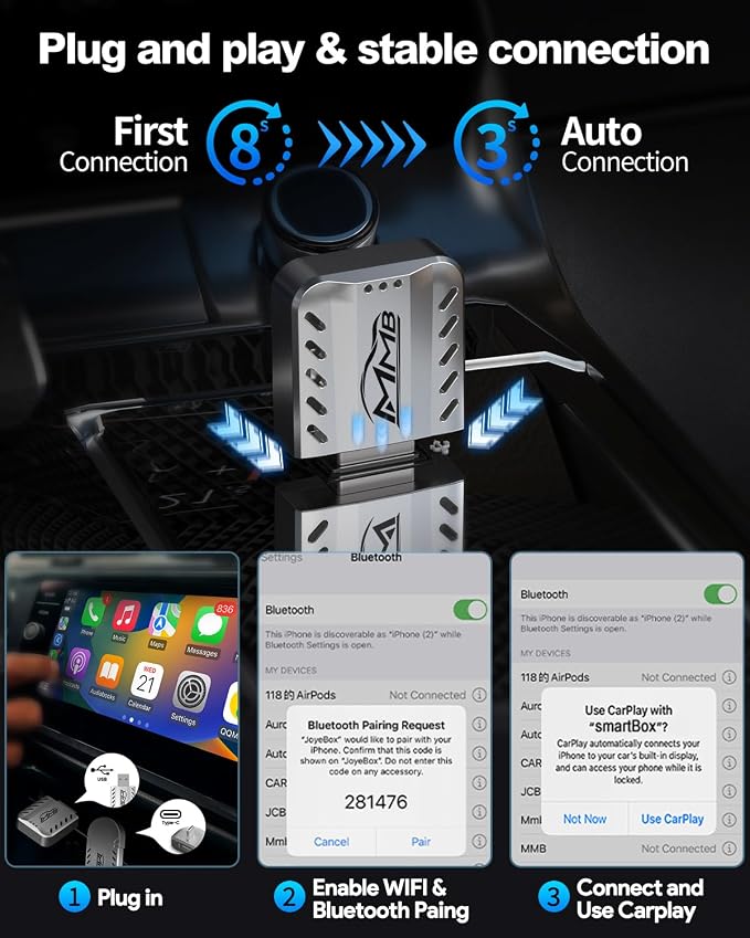 MMB Wireless Carplay Adapter for Apple 2025 Upgrade Mini Apple carplay Fast & - Image 3